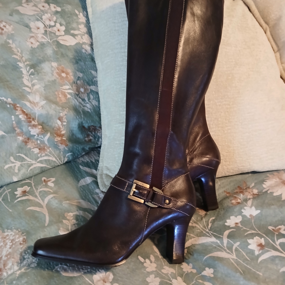 Anne Klein Dark Brown Leather Heeled Boots